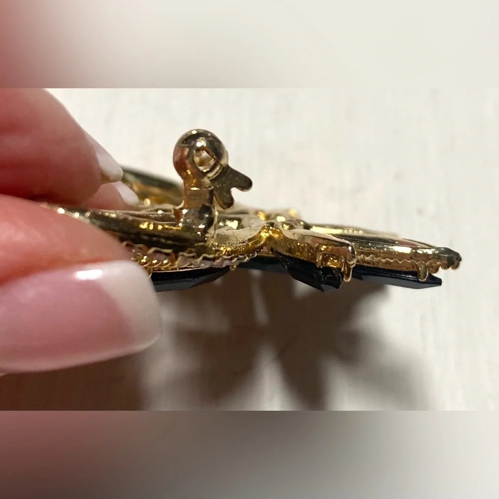 Vintage Black Gold Beaded Butterfly Brooch Pin Accessory Boho Fall Whimsigoth